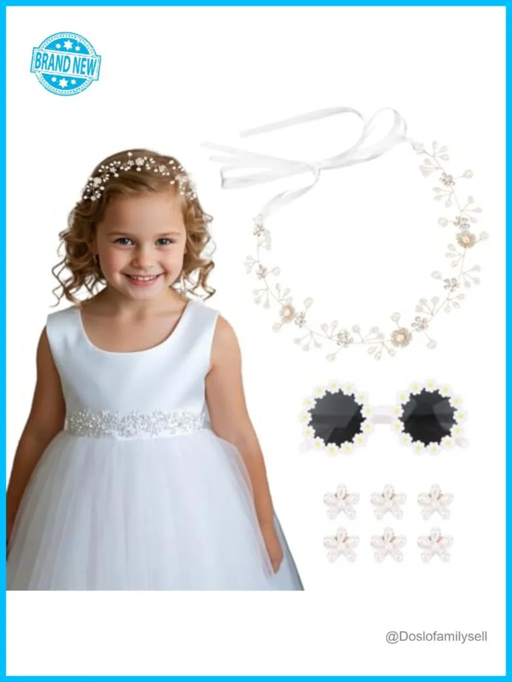Flower Girl Hair Set with Pearl Headpiece, Sunglasses & Claw Clips